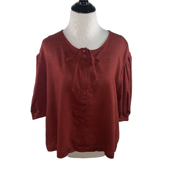 Ann Taylor Tops - Ann Taylor Women's XL Peasant Crop Top NWT Viscose Linen Blend Red Short Sleeves
